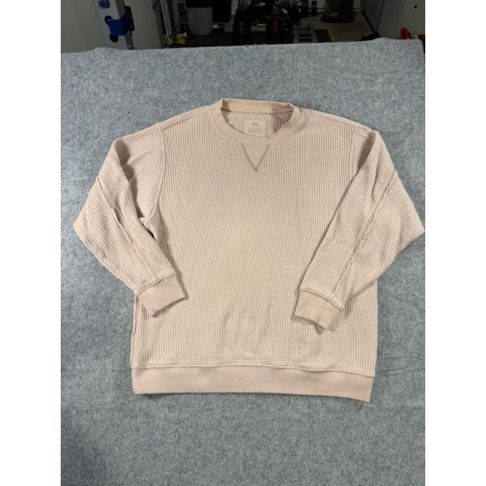 Aerie Women’s XS Waffle Knit Thermal Sweatshirt Beige Oversized Crewneck Pullove
